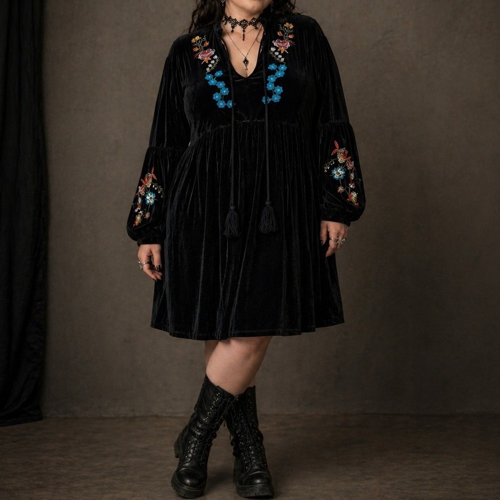 Black‎ Velvet Embroidered Dress Fairy Grunge Whimsigoth Boho Balloon Sleeve XL